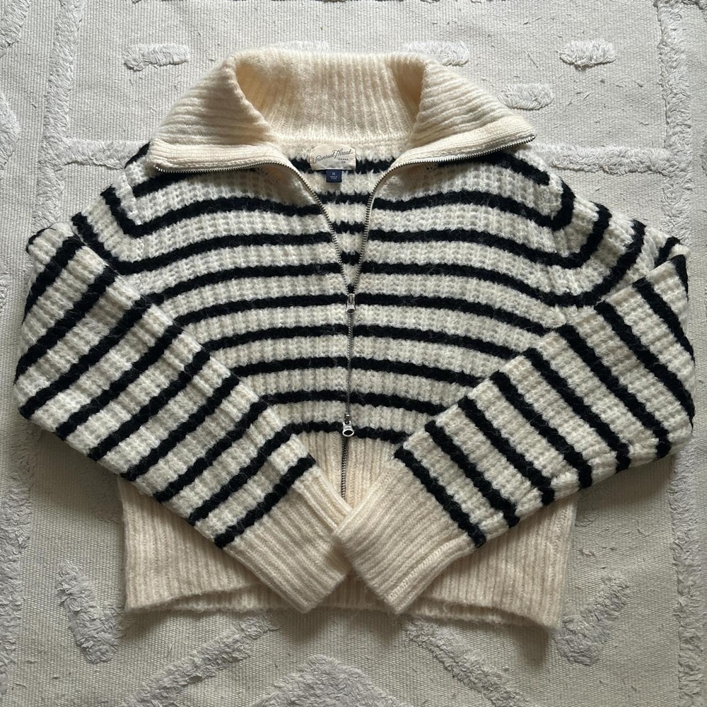 Universal Thread Striped Cardigan Sweater Double Zipper Cream Black Womens M